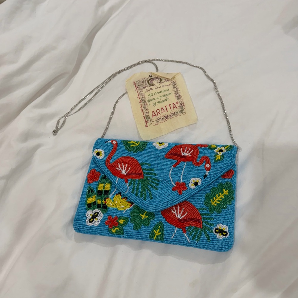 Aratta Vibrant Flamingo Embroidered Clutch